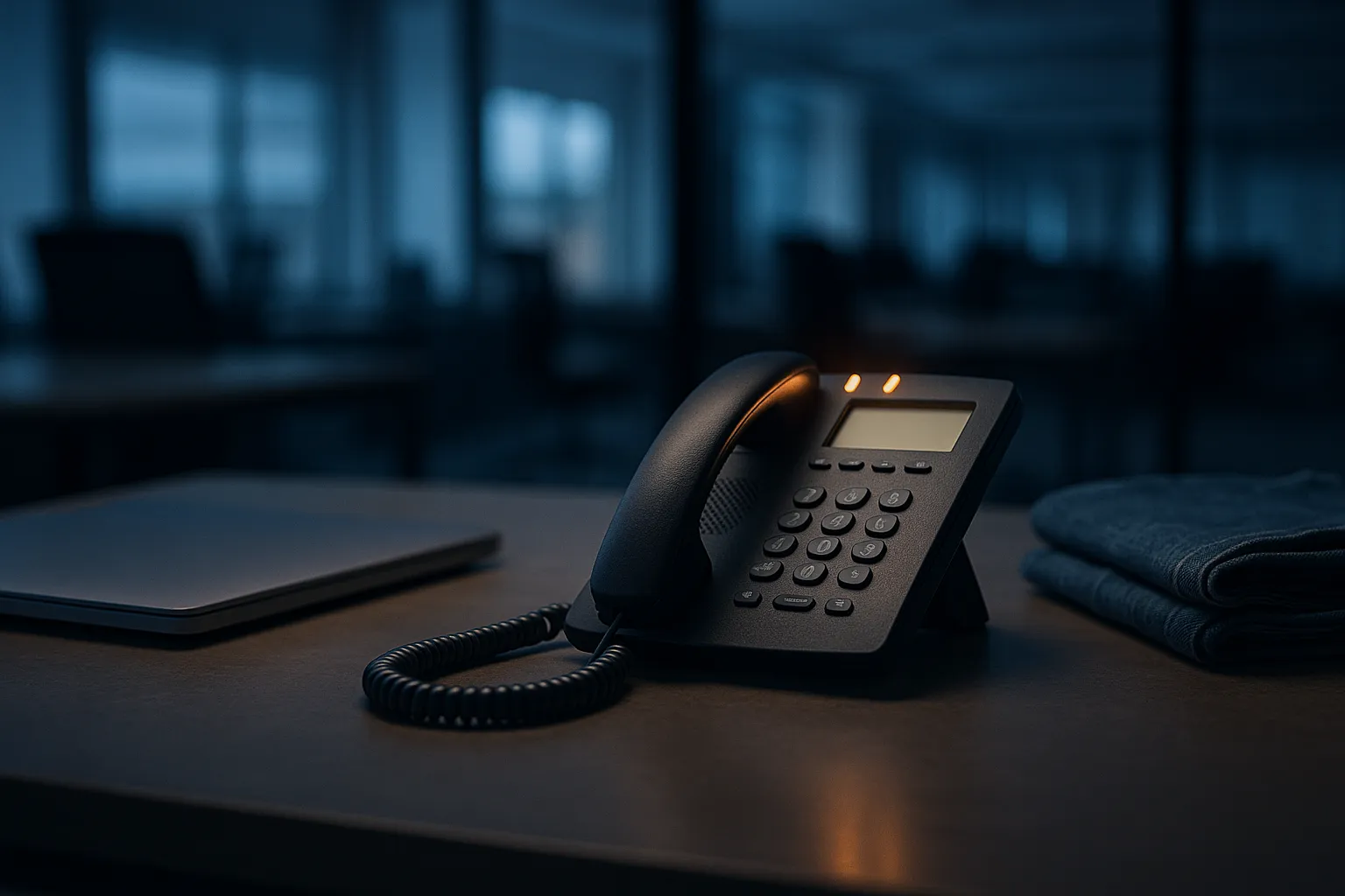 A desk phone ringing beside a closed laptop on an empty corporate desk in a quiet open plan office at dusk
