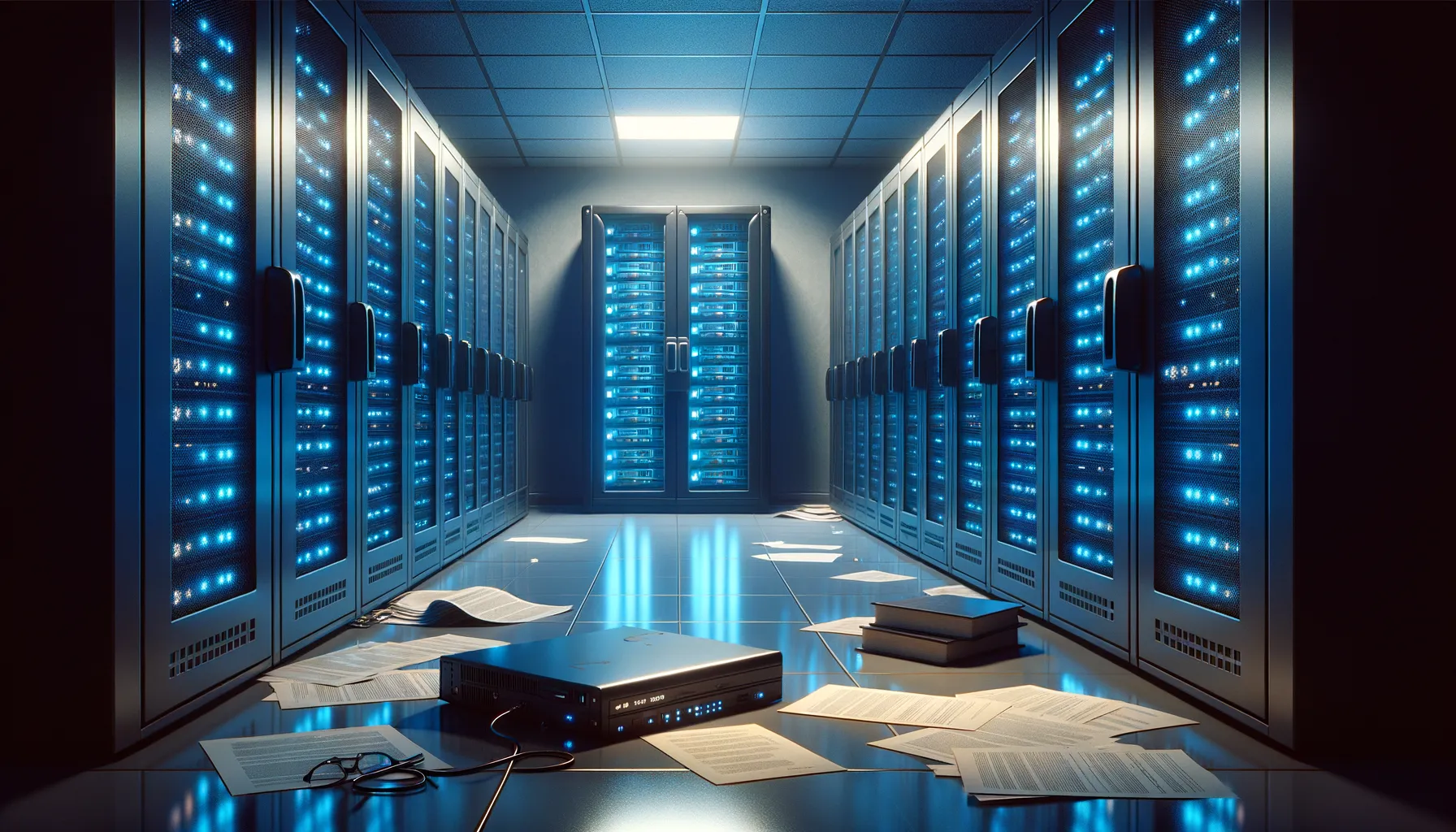 Server room with a slightly open cabinet glowing with indigo light, symbolizing a security breach at a legal data company