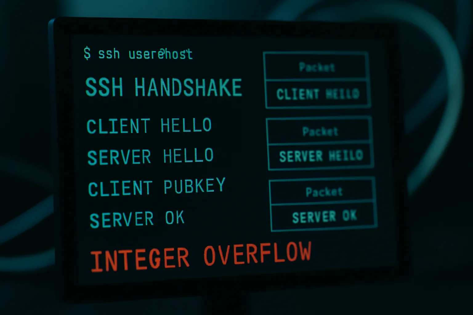 Dark terminal screen showing an SSH connection handshake being exploited, with a red CVE indicator and integer overflow stack trace