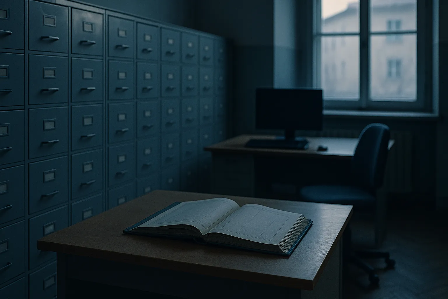 A dim European government registry office at dusk with rows of grey filing cabinets, an open ledger on a wooden desk and a switched off computer monitor