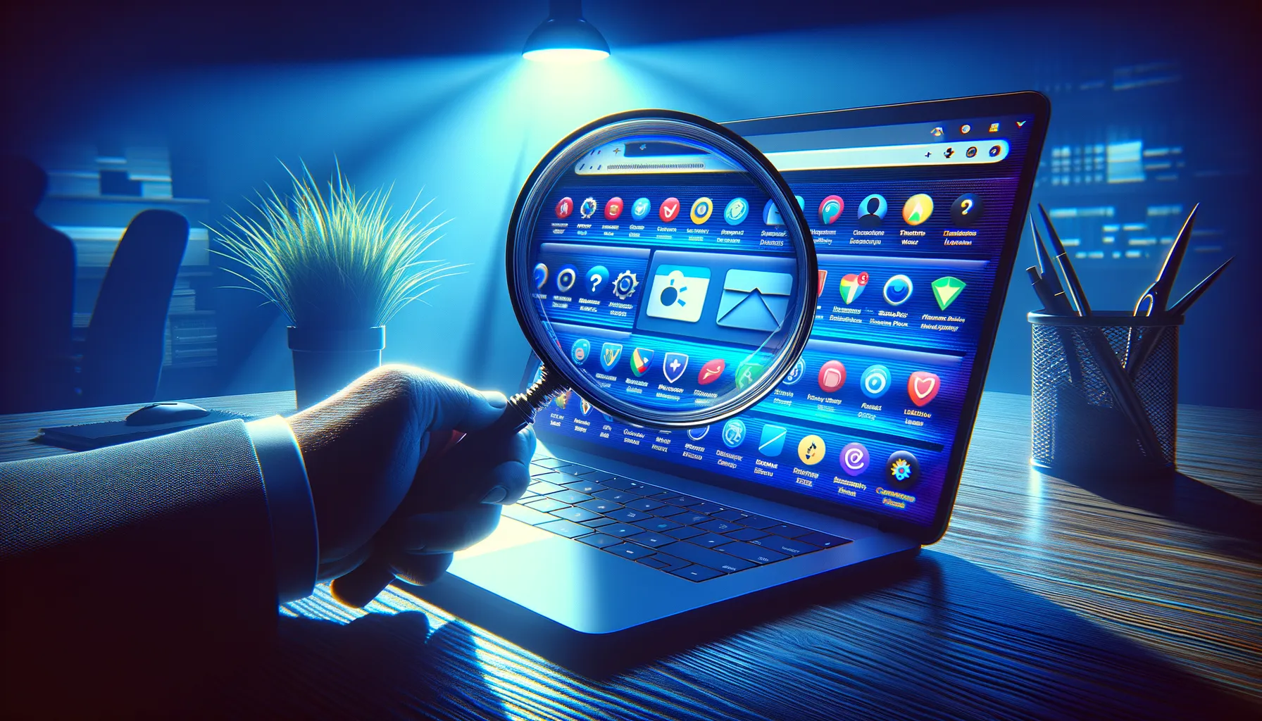 Magnifying glass hovering over a browser toolbar with multiple extension icons, suggesting covert surveillance