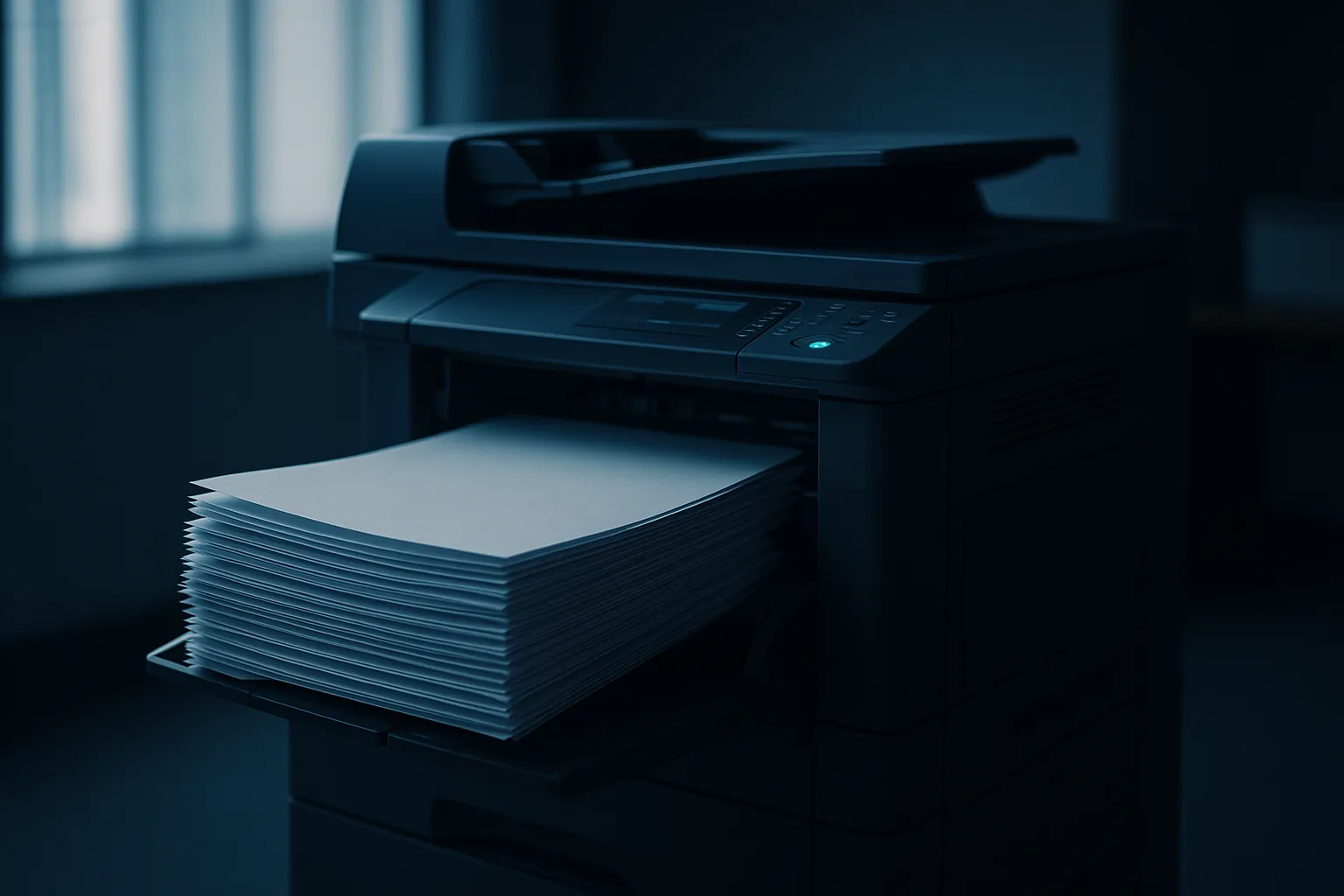 An office photocopier running in a dim empty workroom, pushing a thick stack of identical blank sheets into its output tray