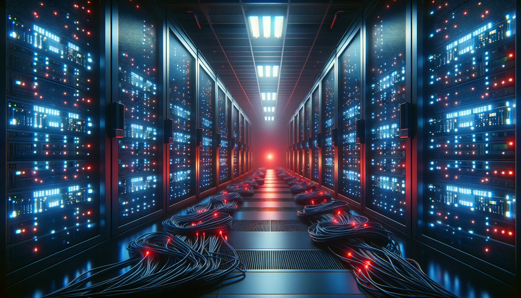 A dark server room with rows of blinking servers, one section highlighted by an ominous red glow