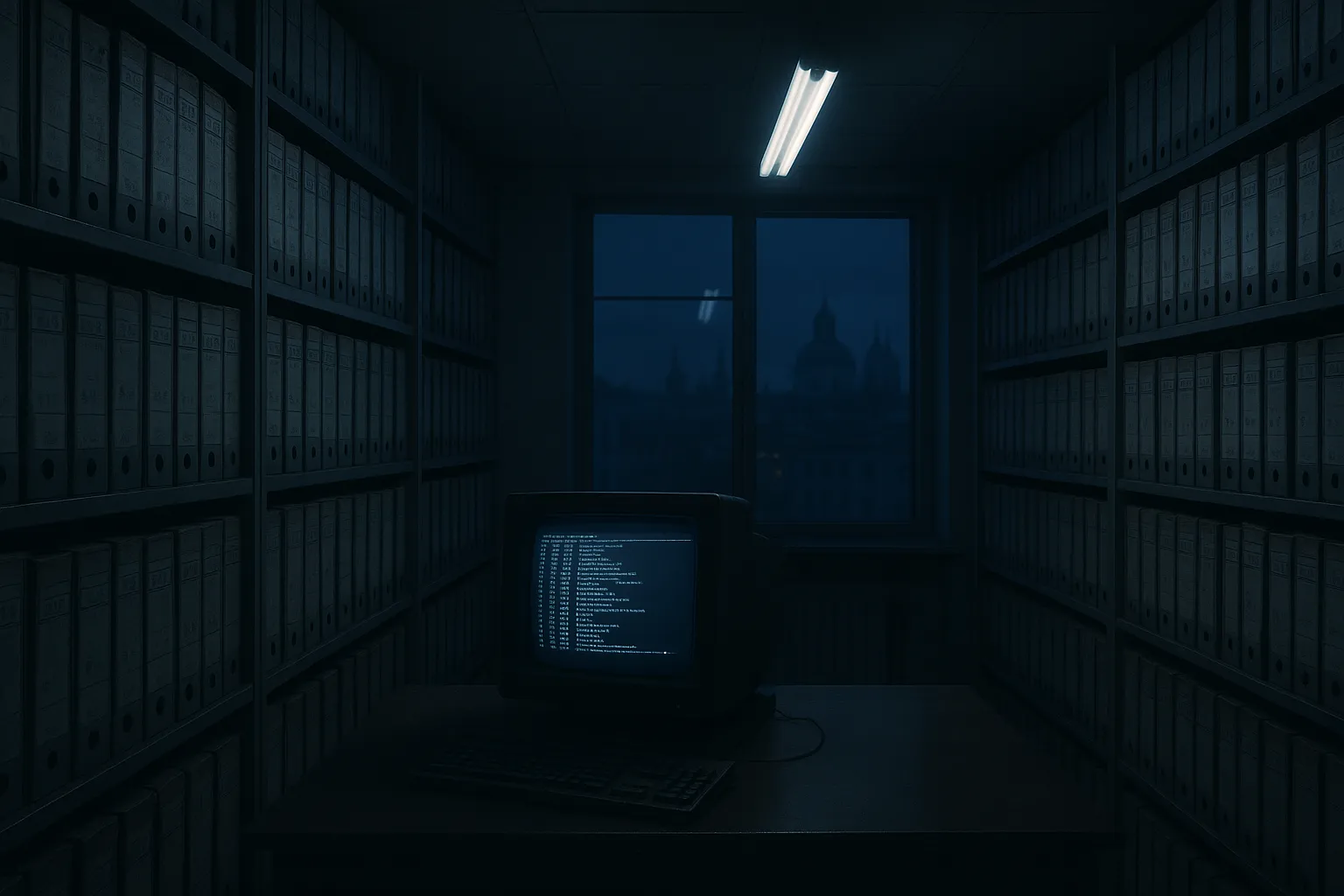 A dim Lithuanian government records archive at night with paper registry binders and a glowing terminal screen showing audit logs