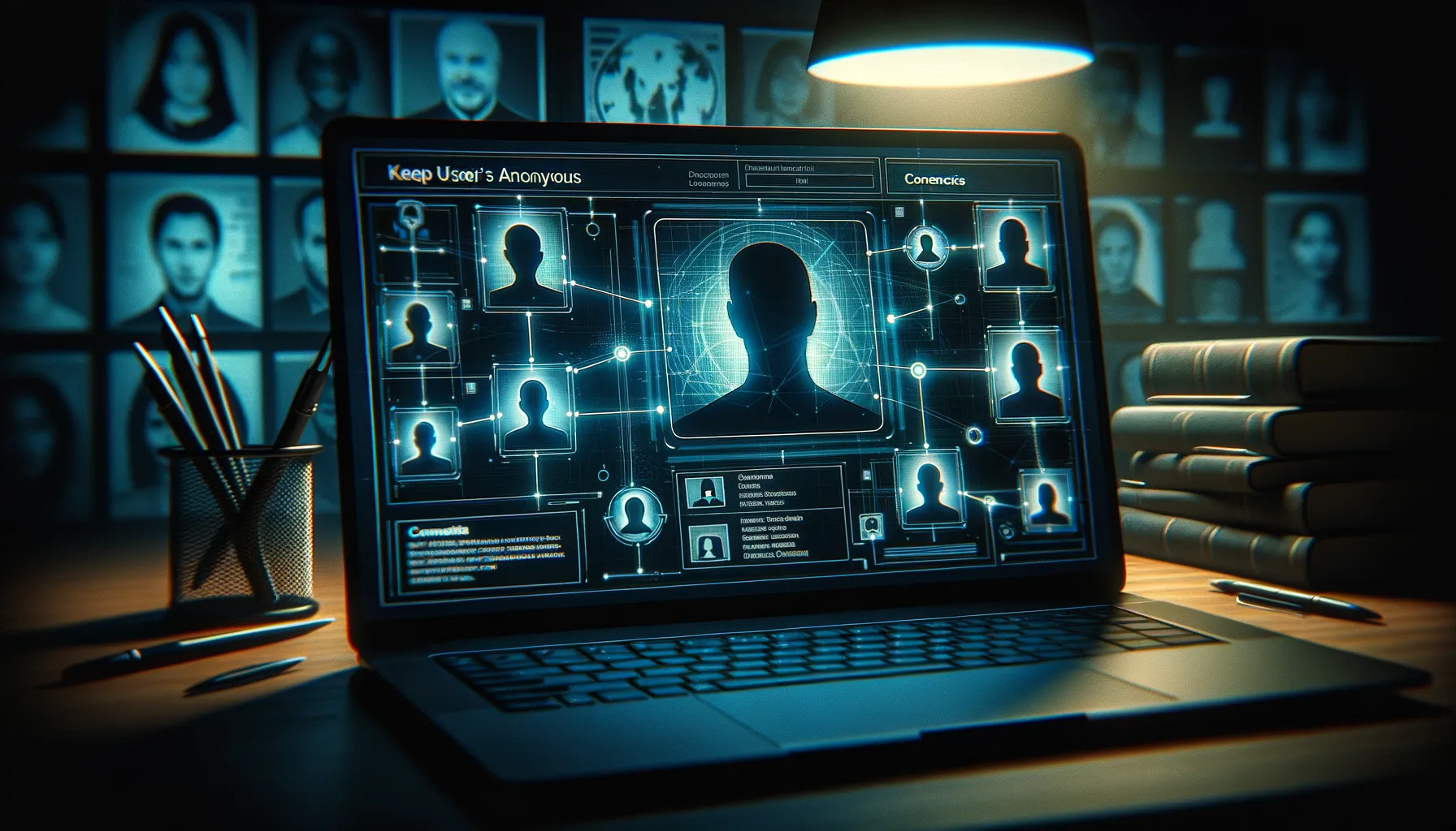 Laptop screen displaying anonymized user profiles with connection lines being drawn between identities