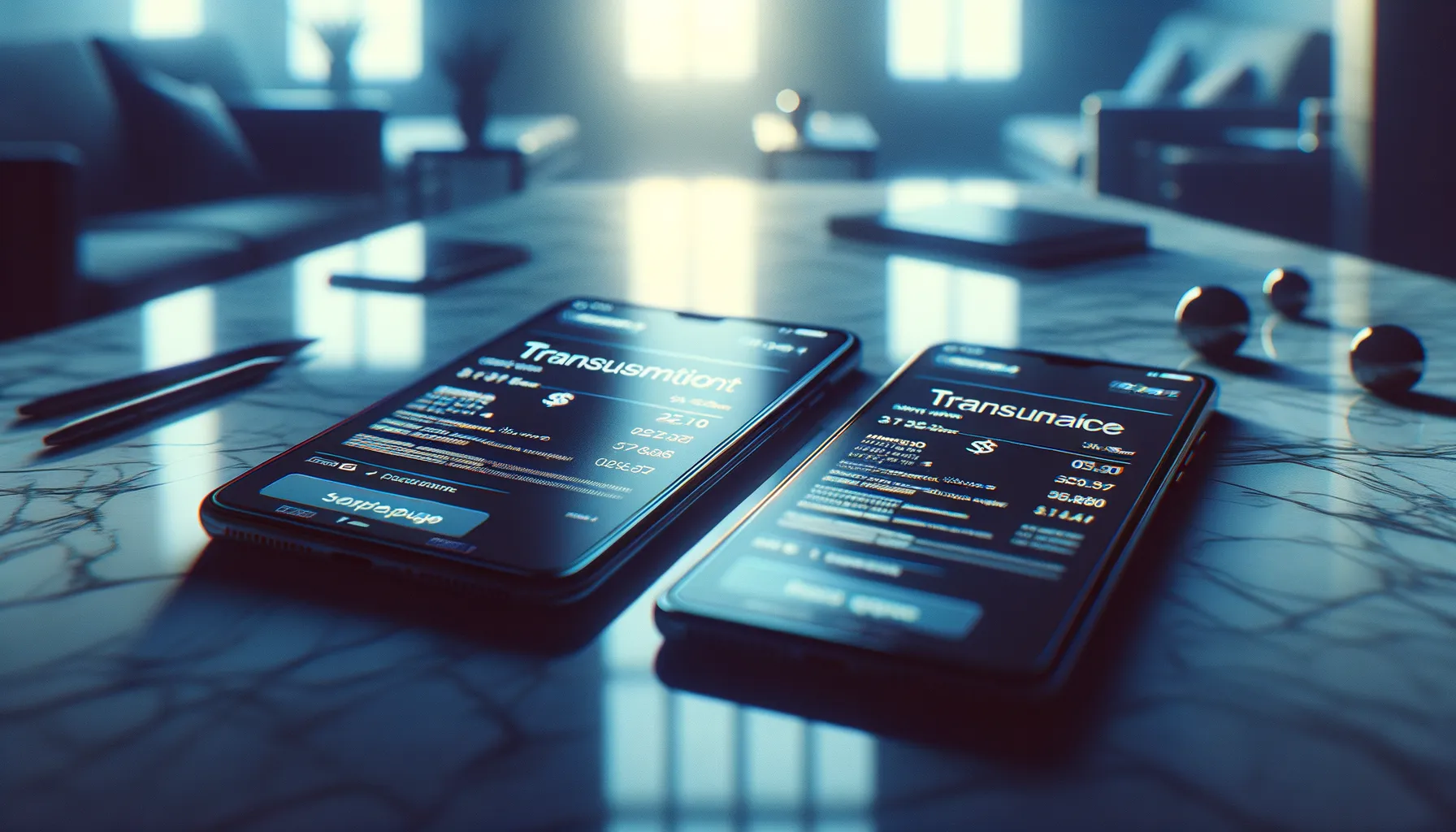 Close-up of two smartphones showing banking transaction details on a marble countertop