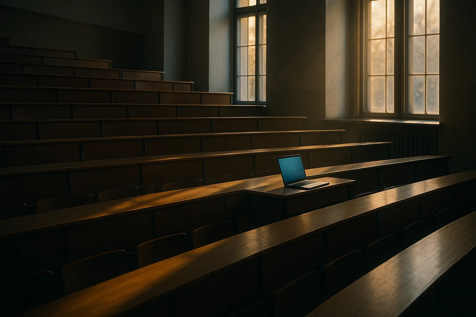 Empty university lecture hall in late afternoon light with a single open laptop left on a wooden desk