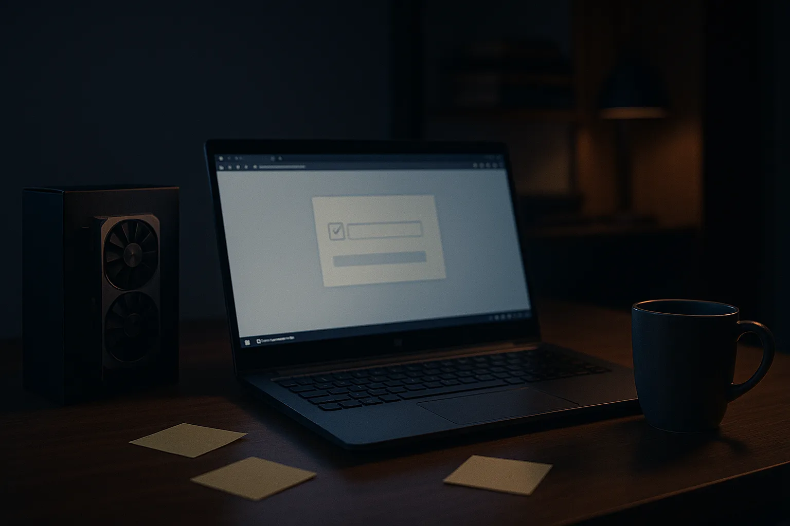 A laptop on a wooden desk at night next to a graphics card box, its browser showing a blank verification page