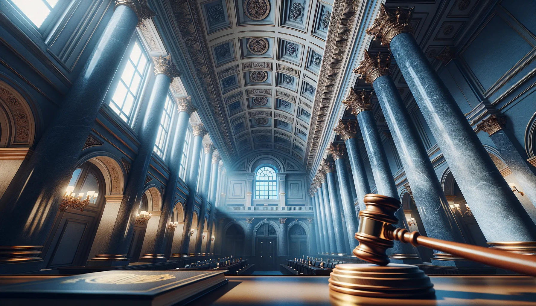 European courthouse interior with legal documents and gavel
