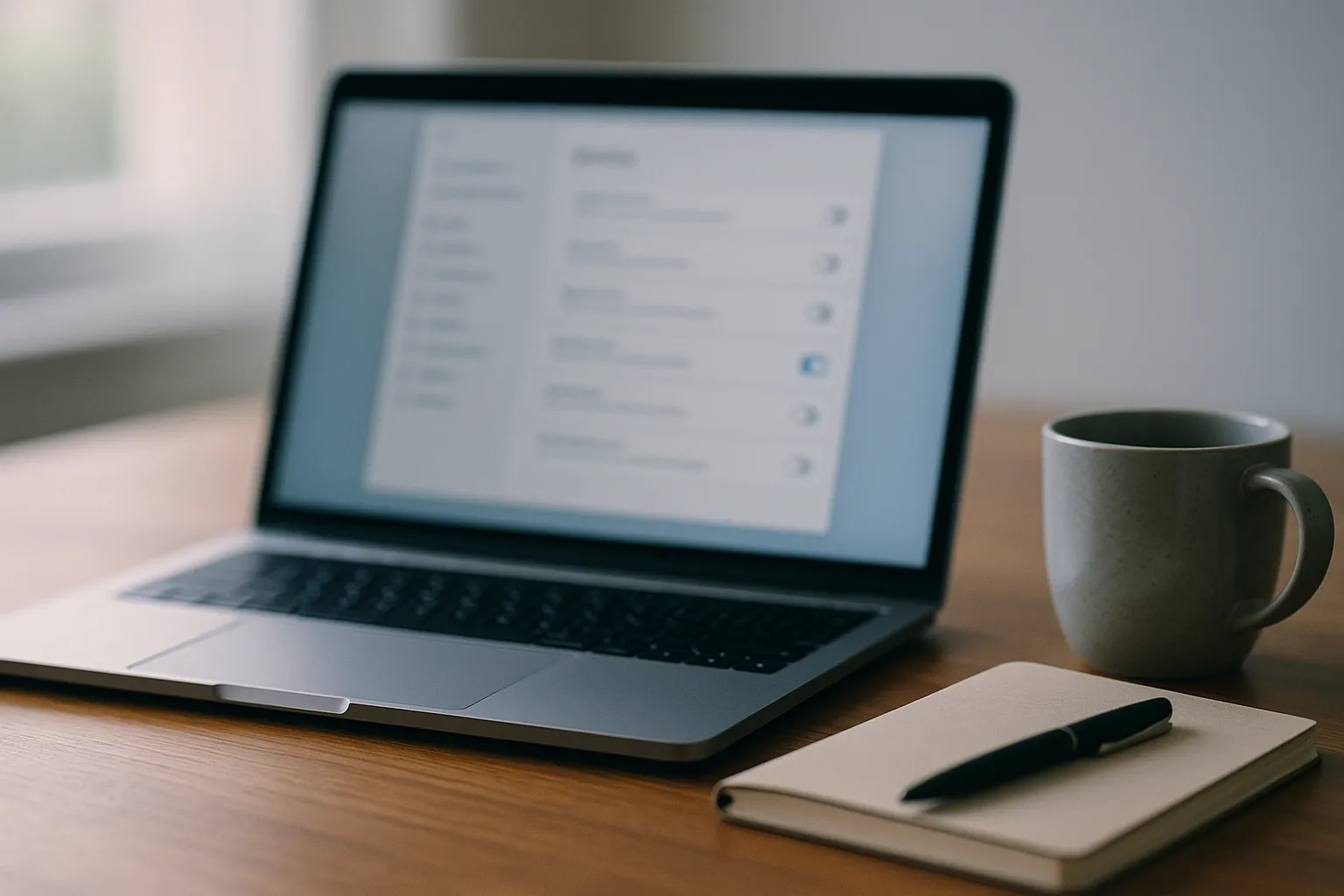 A laptop on a wooden desk showing a blurred system settings window with a column of toggle switches, one switched on in blue, beside a coffee cup and a notebook