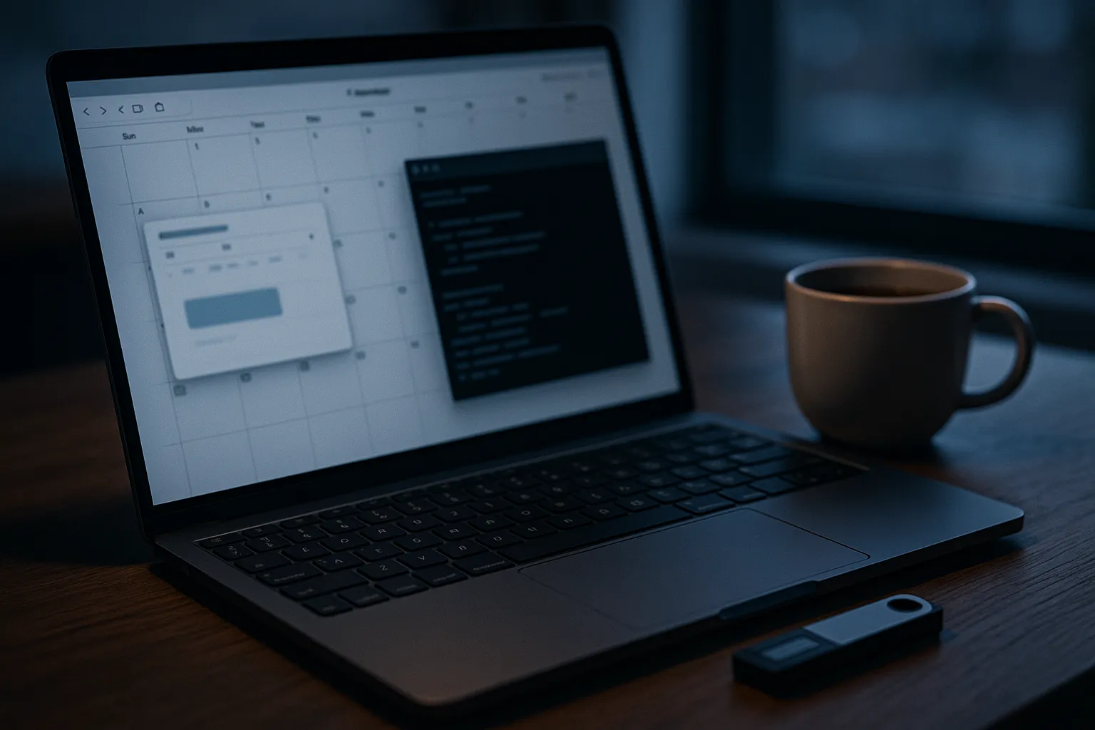 A MacBook on a developer's desk at dusk showing a blurred calendar event next to a terminal window, representing MacSync malware commands hidden in a public iCloud calendar