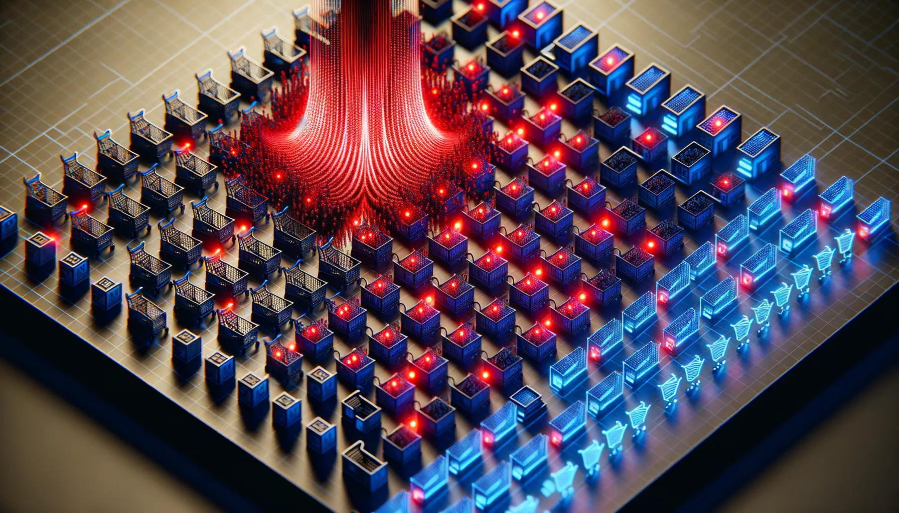 Aerial view of a vast grid of small illuminated storefronts with some turning red indicating compromise in a wave pattern spreading across the grid