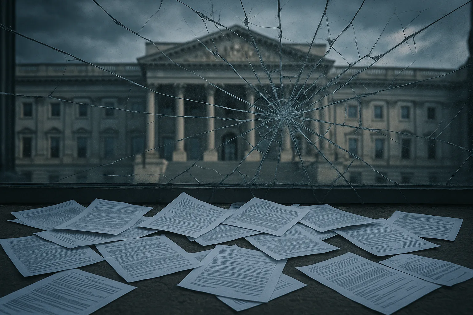 Government building facade reflected in cracked glass with scattered official documents, representing fake breach disclosures on an official portal