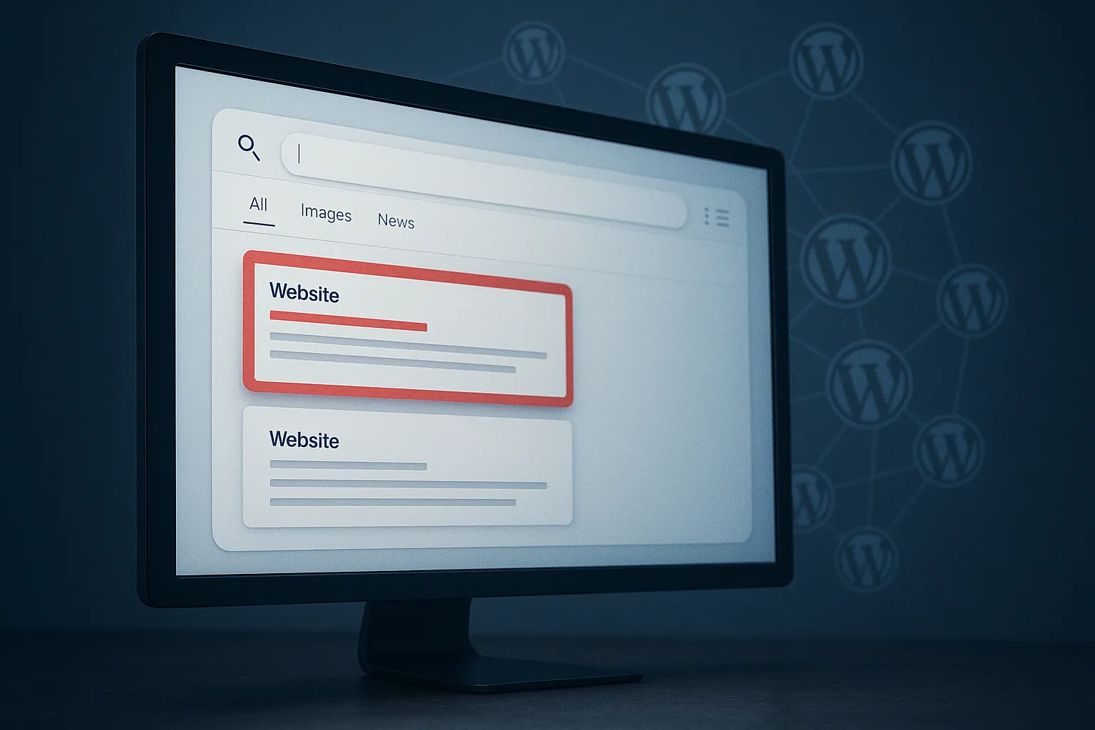 A search engine results page with a top sponsored result subtly tinted with a red warning glow above an identical legitimate result, with WordPress site icons fanning out behind the screen
