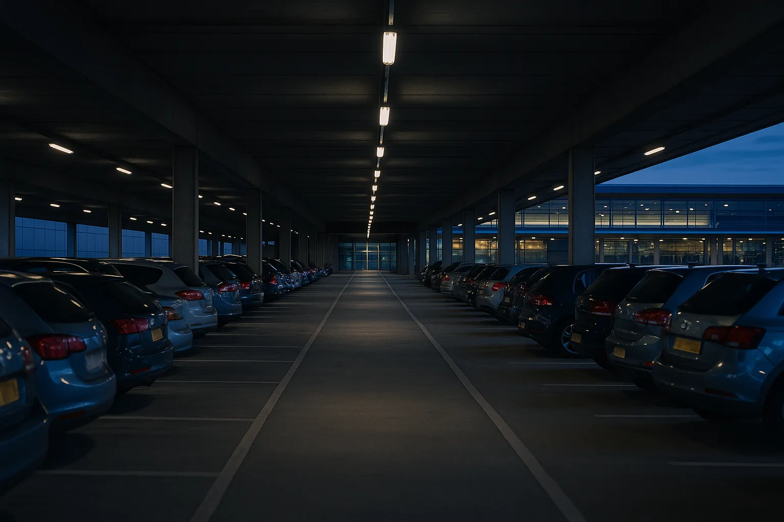 Rows of parked cars in a multi storey airport car park at dusk with licence plates out of focus, illustrating the vehicle registration and car park booking data exposed in the Manchester Airports Group breach