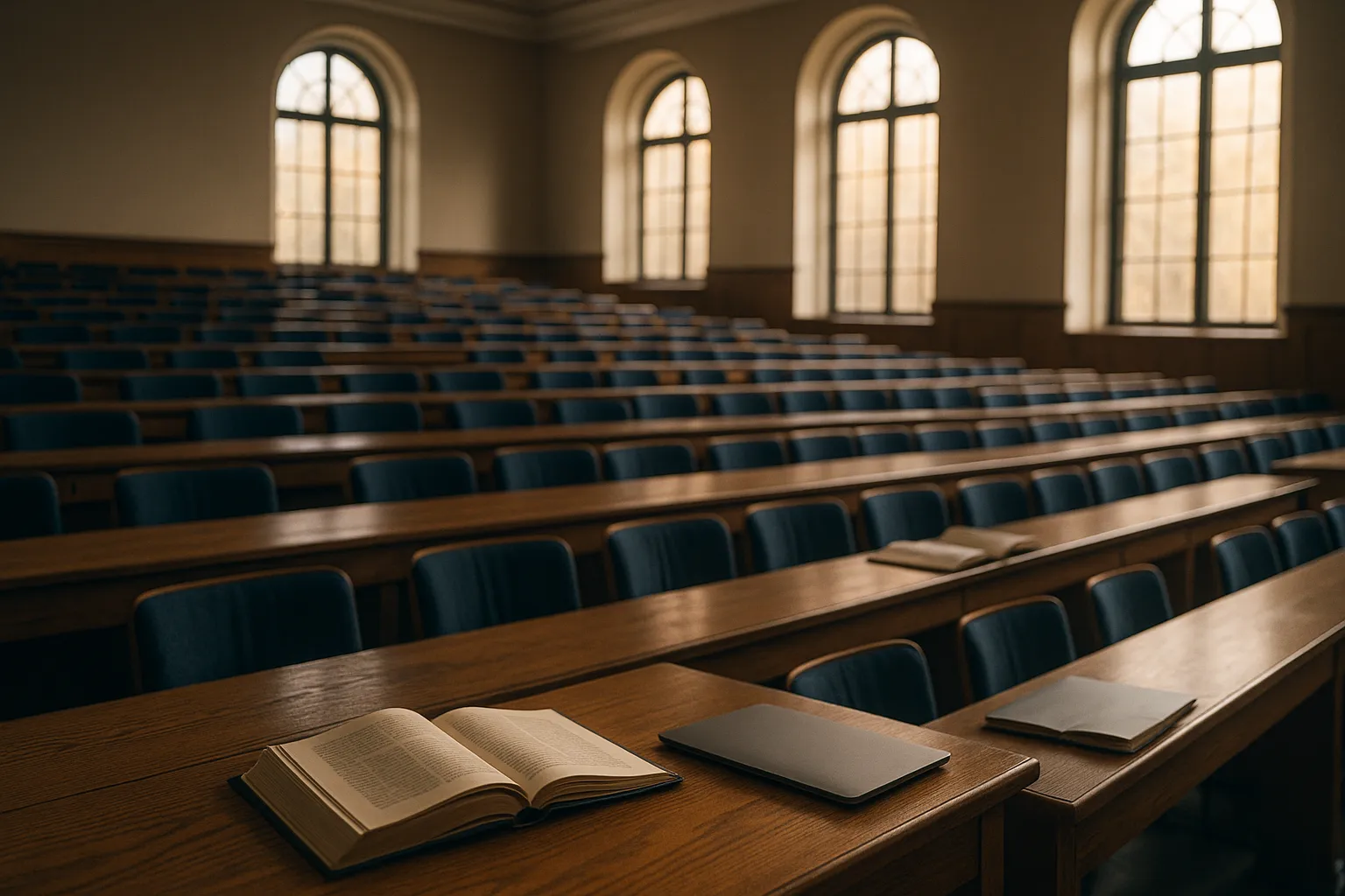 A photograph of a large university lecture hall with empty wooden desks and tall windows letting in warm afternoon light, soft focus on books in the foreground, indigo and blue tones