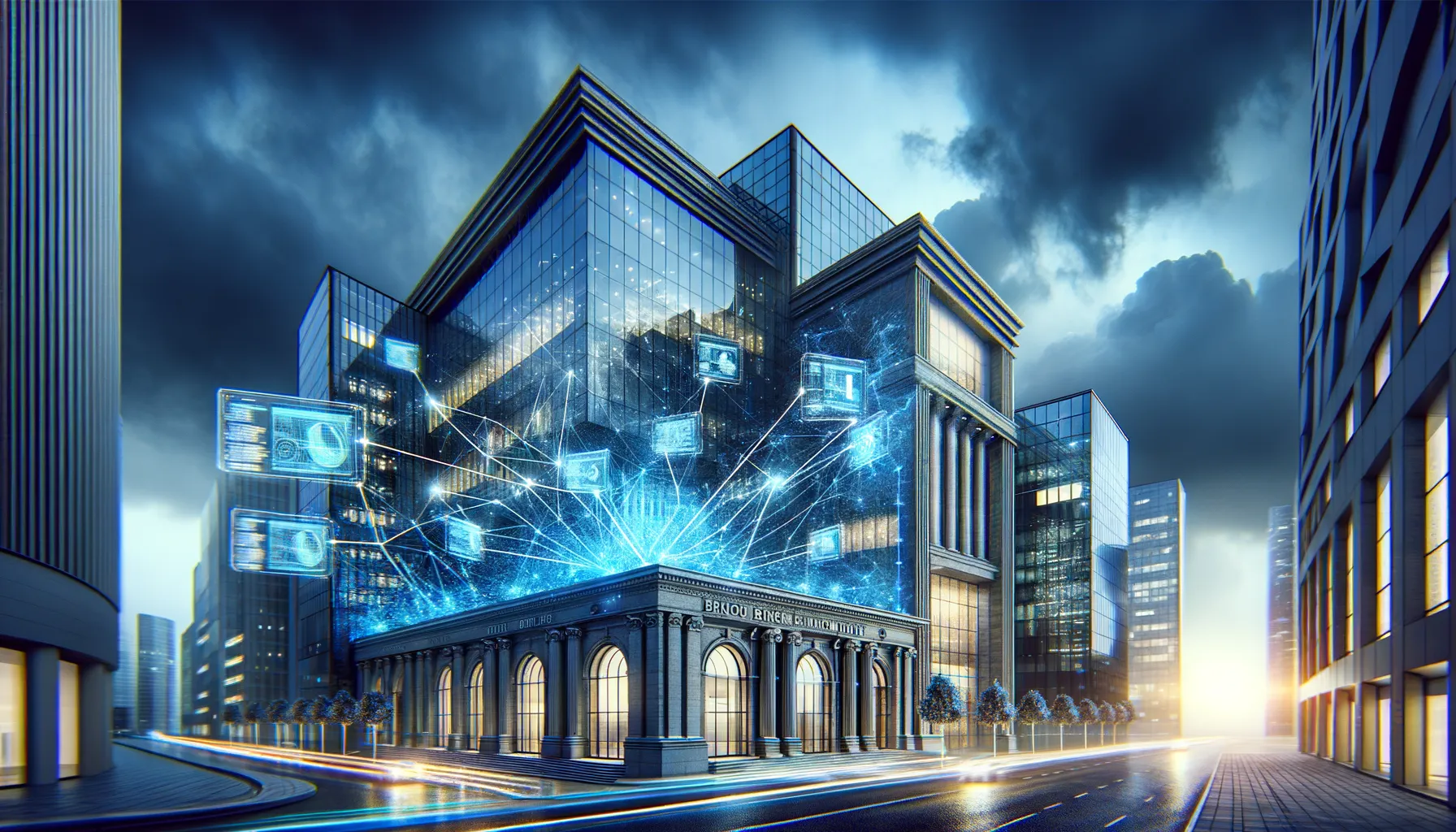 Modern bank buildings connected by glowing network lines that are breaking apart