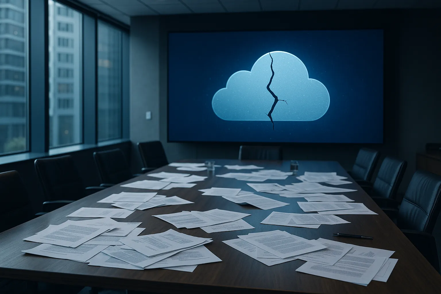 Corporate office building with scattered digital documents symbolizing a data breach through cloud services
