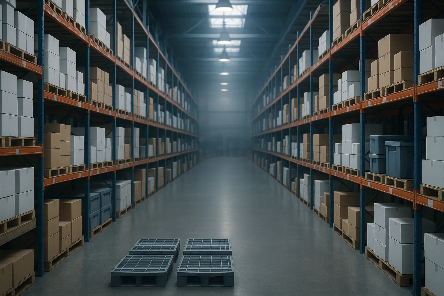 A long aisle inside a pharmaceutical distribution warehouse lined with tall steel racks of plain cardboard cartons under cool overhead lighting