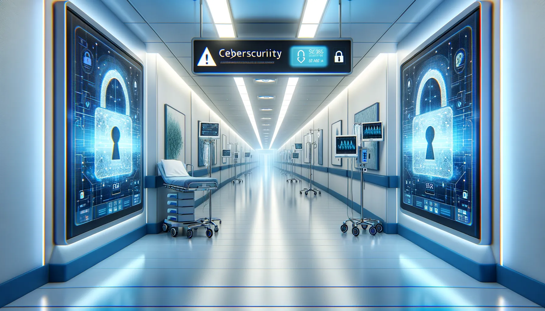 A hospital corridor with digital screens showing a security alert warning in blue and indigo tones