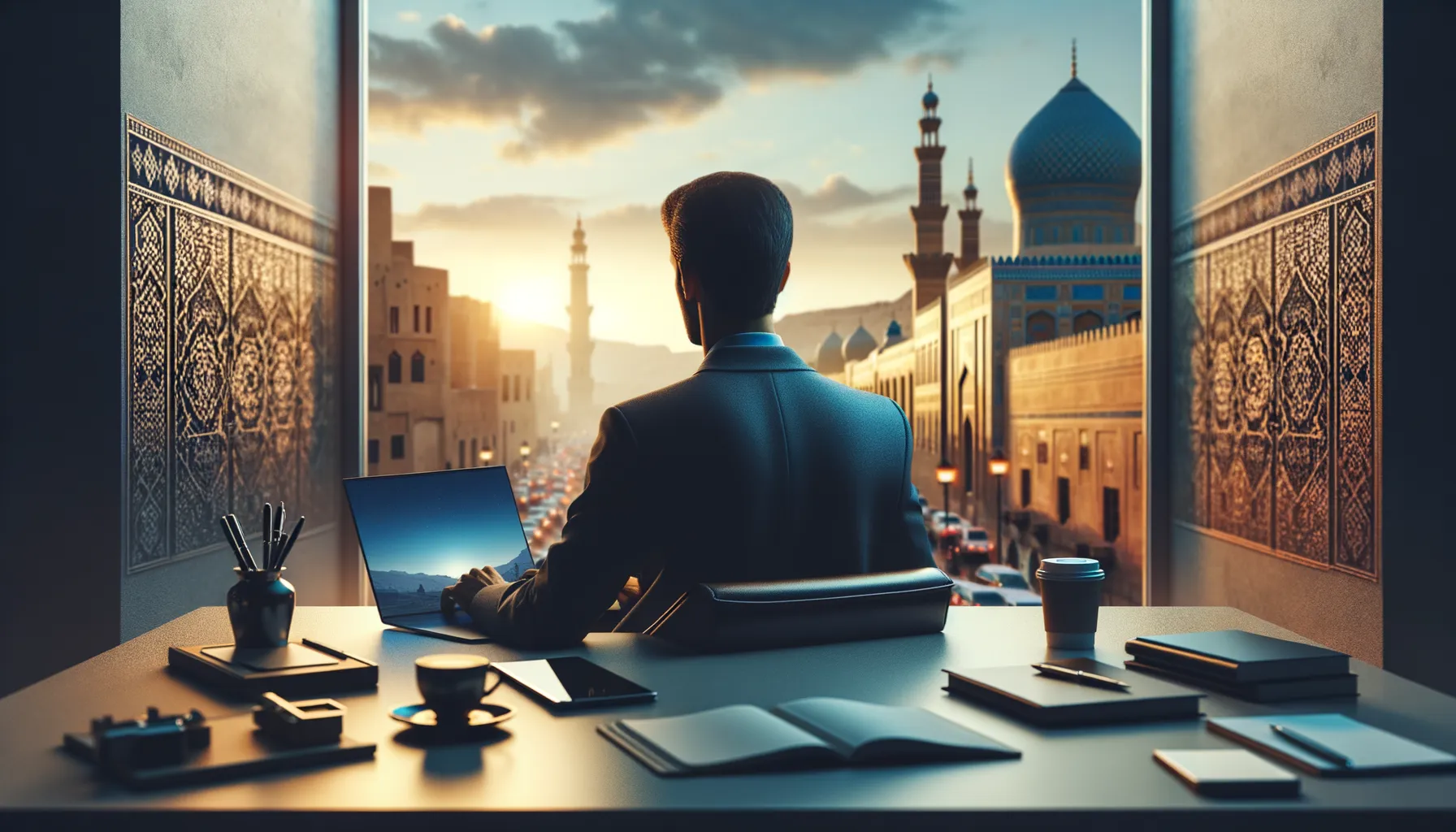 A journalist working at a desk with a laptop and smartphone, warm golden light through a window