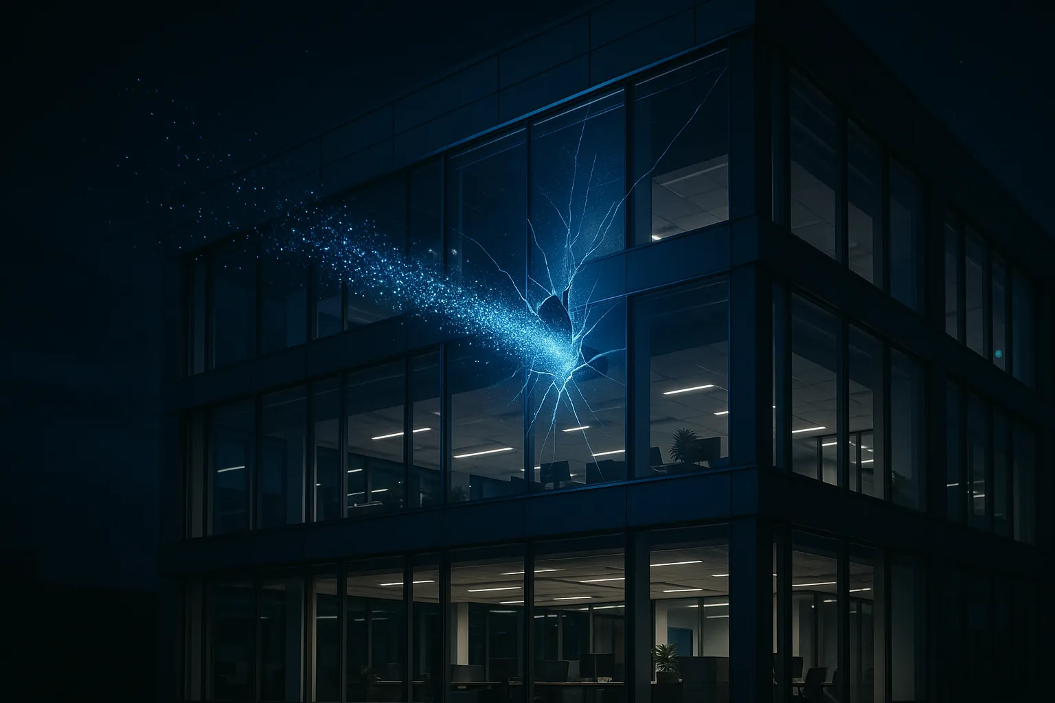 A modern office building at night with digital data particles streaming out through a crack in its glass facade