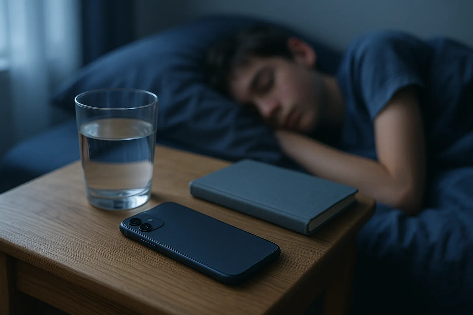 An editorial photograph of a teenager's phone lying face down on a bedside table in early morning light, next to a glass of water and a closed notebook