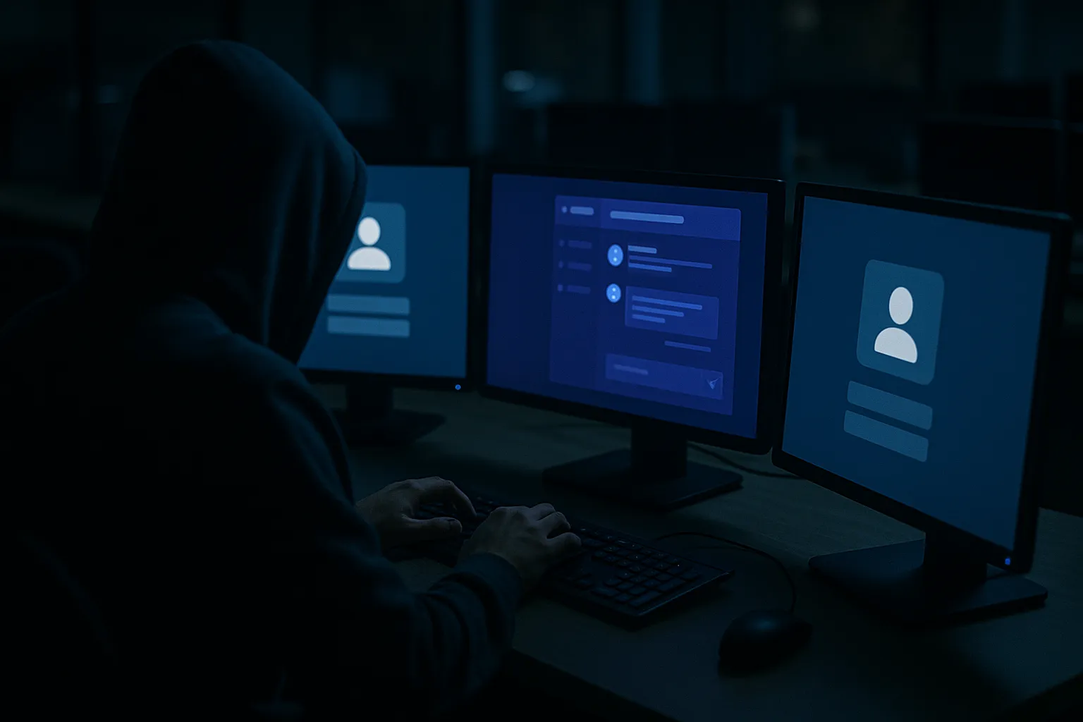 A late night workstation with multiple monitors showing a social media login screen and a customer support chat conversation, photographed over the shoulder of a hooded figure typing on a keyboard