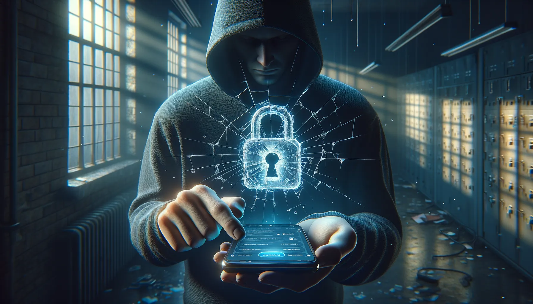 Smartphone showing a chat interface with a broken padlock reflected in the screen