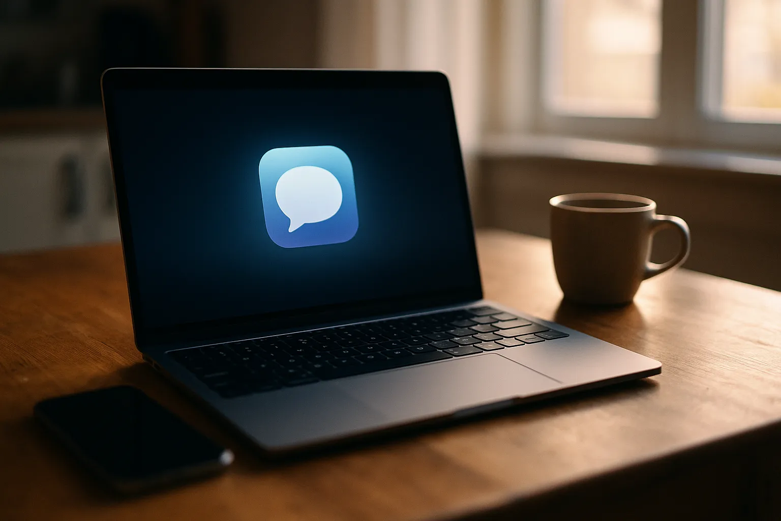 A MacBook on a wooden kitchen table showing a glowing chat bubble app icon, with an iPhone and a coffee mug beside it in soft morning light