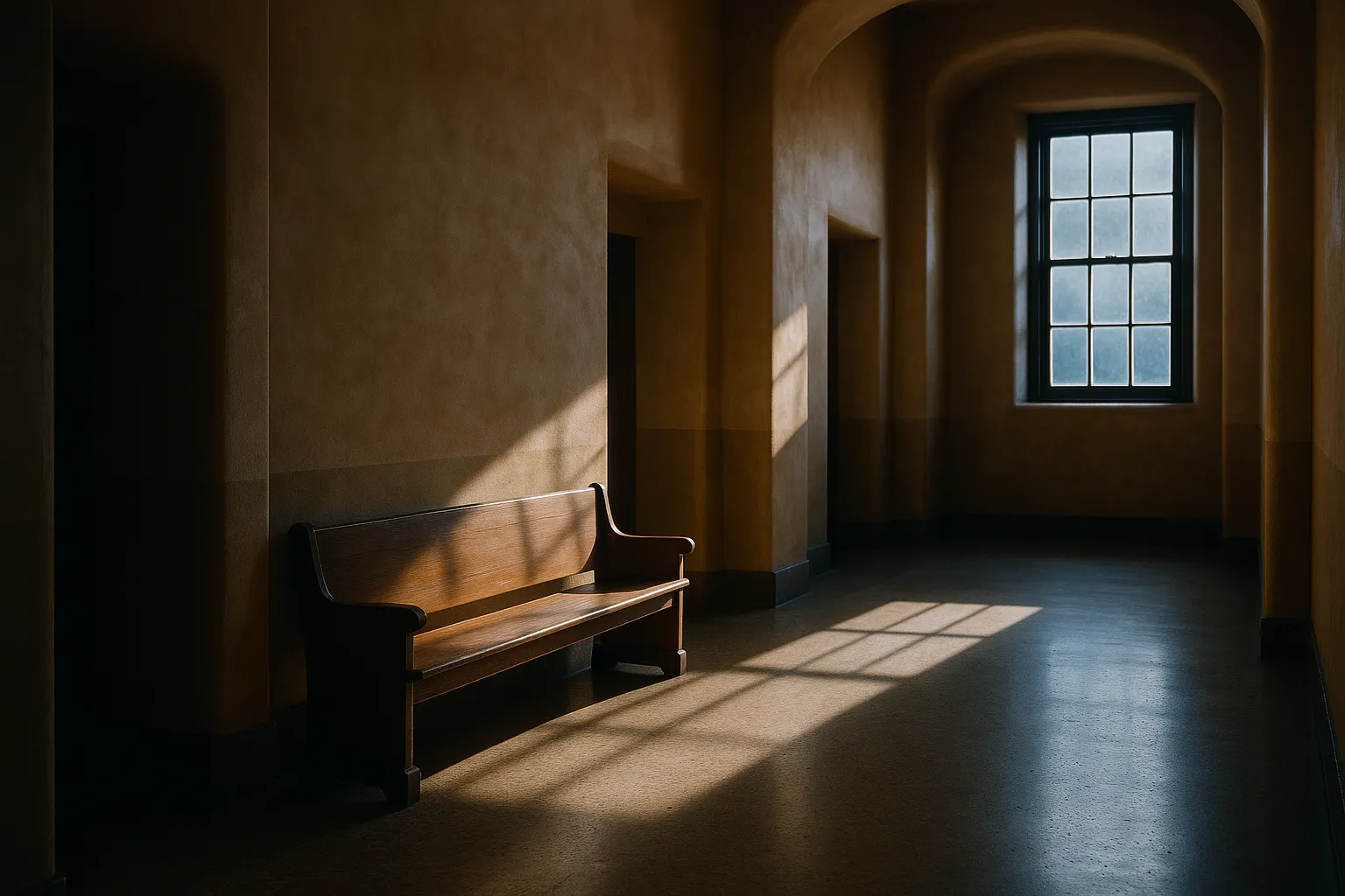 Empty state courthouse corridor in the American Southwest with adobe walls and afternoon light falling across a wooden bench