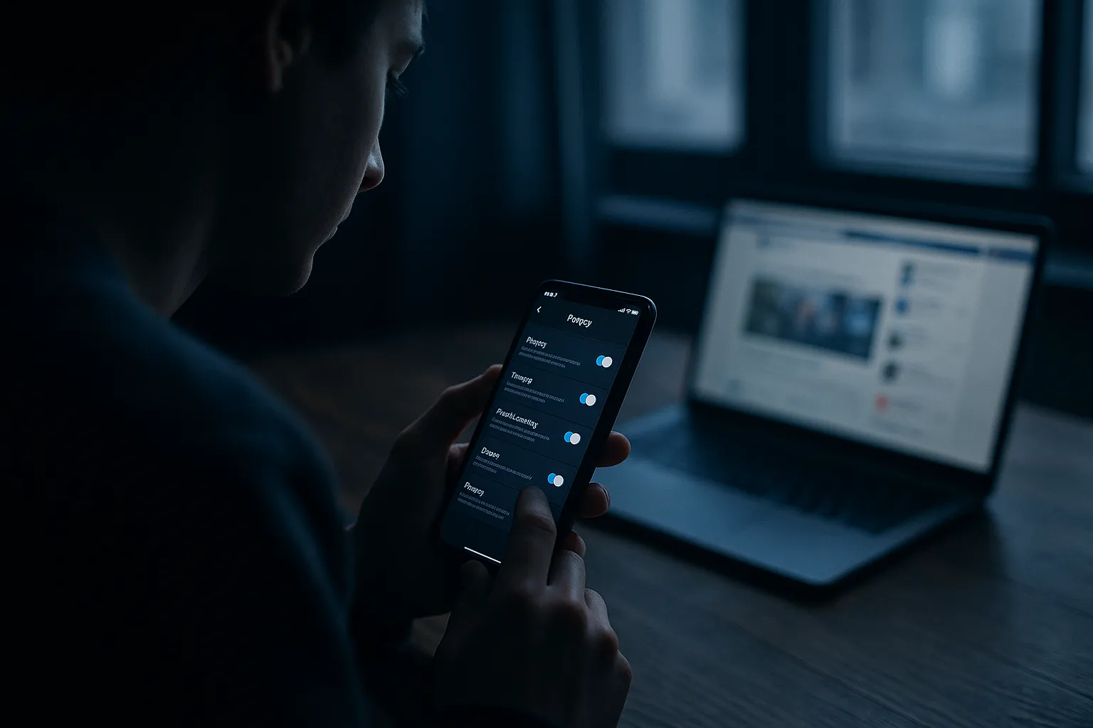 A person at a desk in moody natural light reviewing privacy toggle settings on a smartphone, with a laptop showing a social media feed in the background