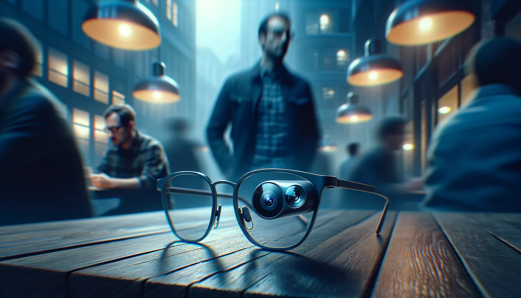 Smart glasses resting on a cafe table with tiny camera lens catching light, blurred pedestrians in background