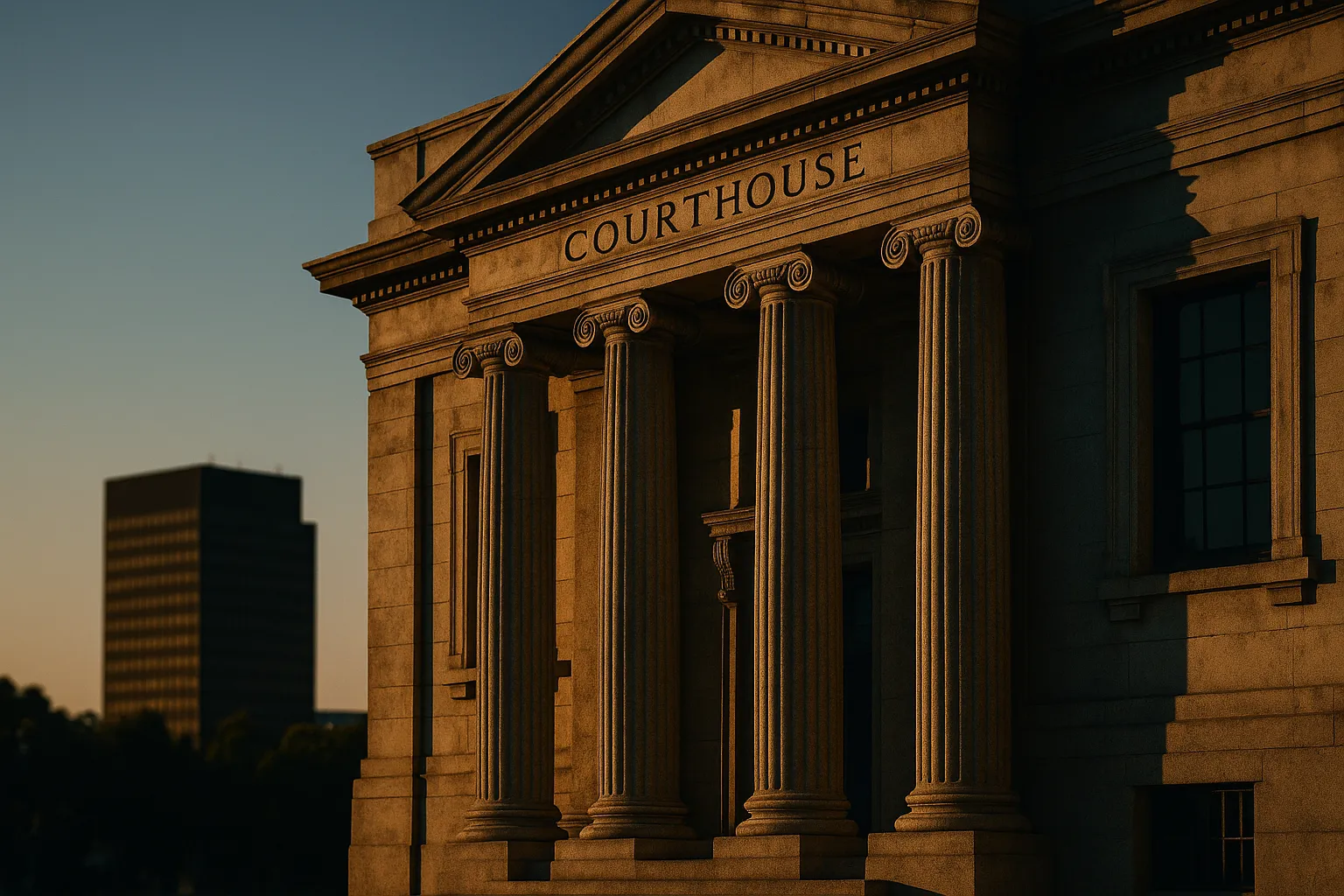 A neoclassical courthouse in Santa Clara County at golden hour with the silhouette of a corporate office tower in the distance, suggesting a civil prosecution against a tech platform