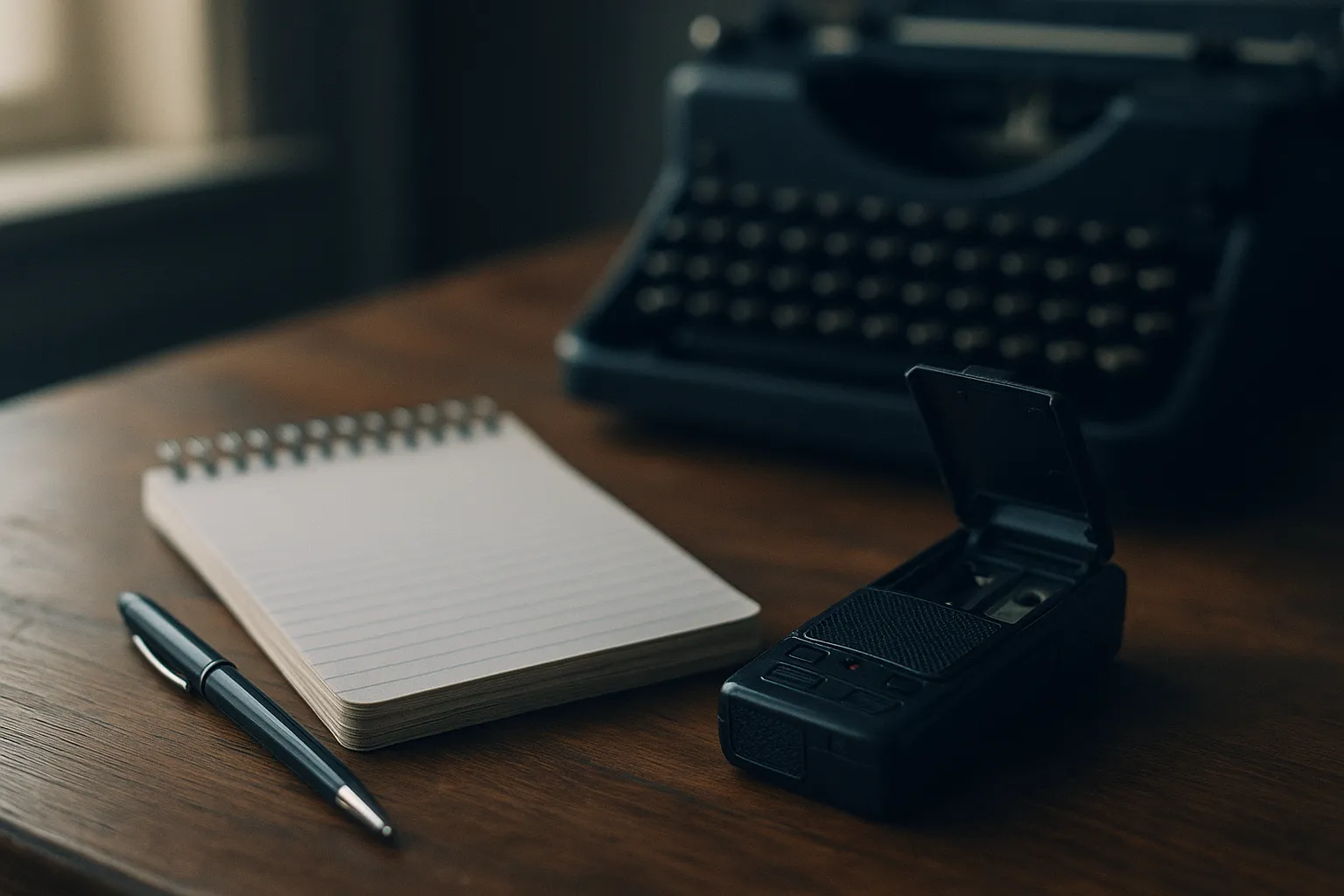 A journalist's notebook and recorder on a wooden desk in soft natural light illustrating the suspected spyware attack against Maria Teresa Montano