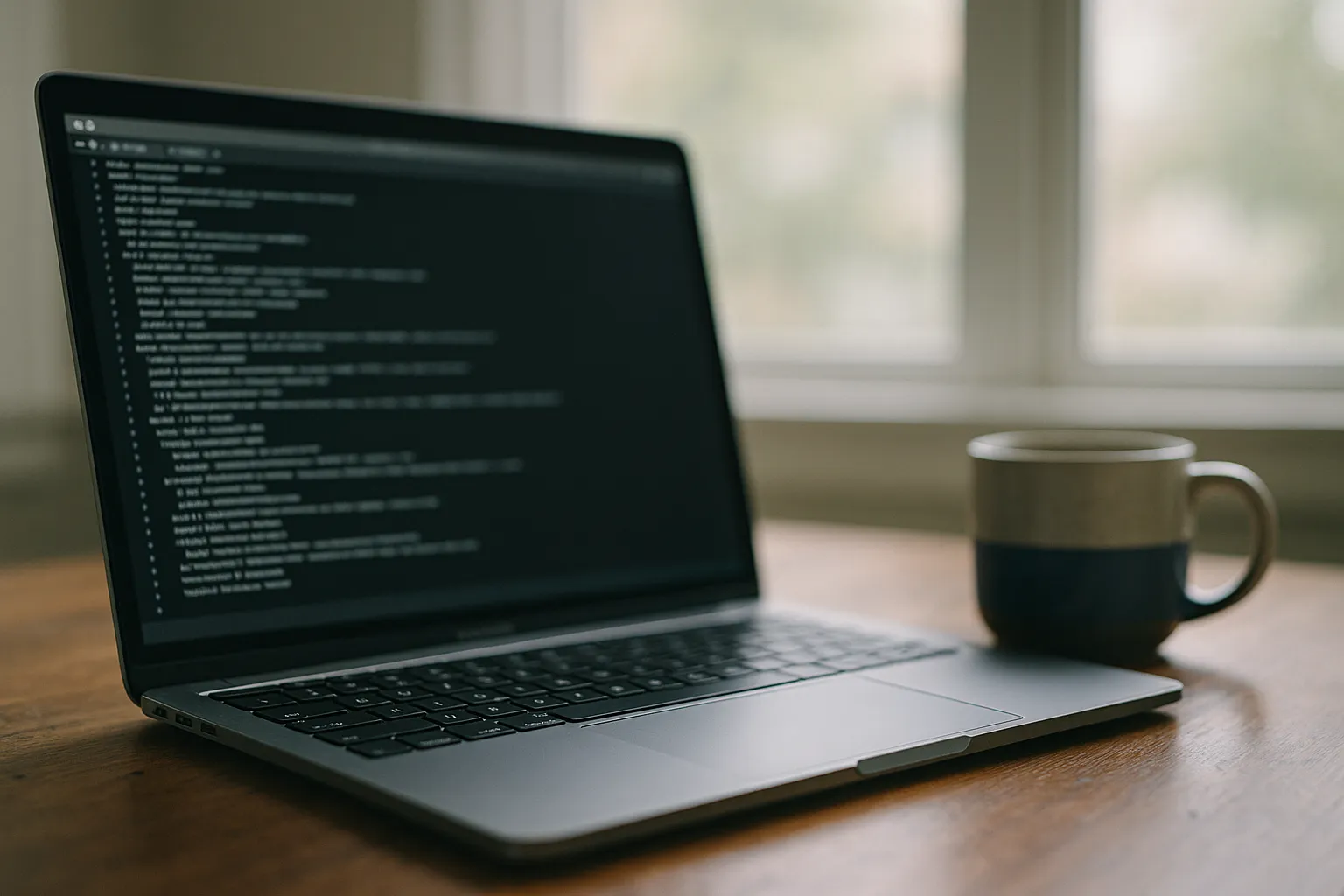 A photograph of a developer laptop on a wooden desk with a terminal window showing npm install output in soft focus, an indigo coffee mug beside it, natural morning light