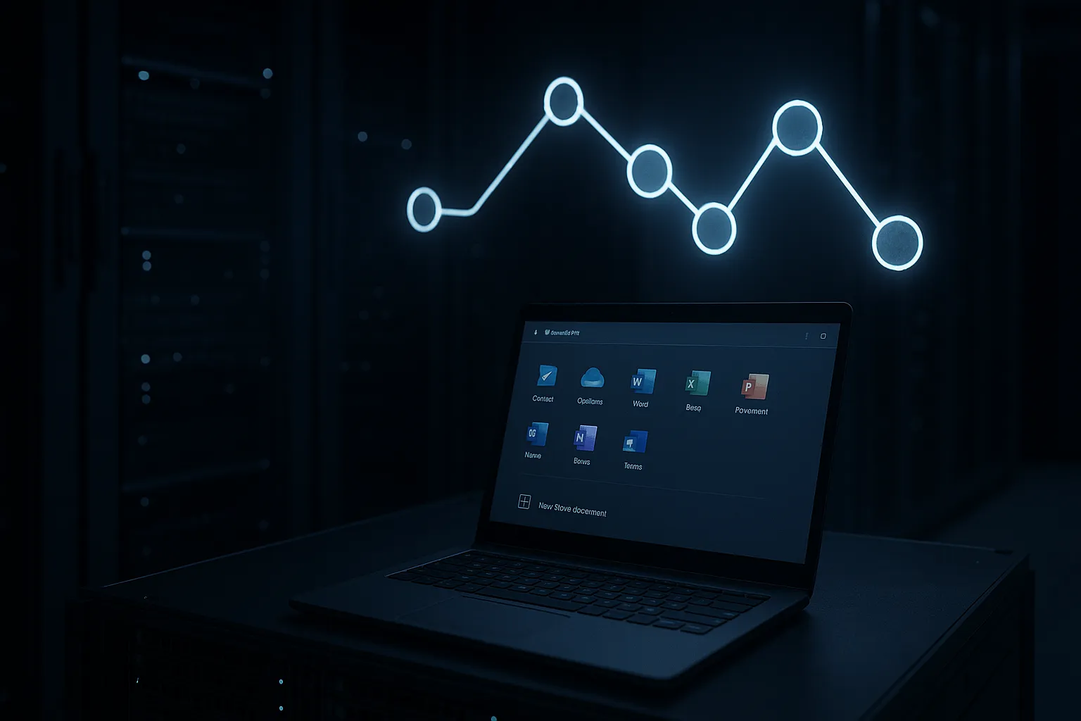 Dark corporate server room with a laptop showing a Microsoft 365 interface and a glowing chain of nodes representing the three stage SearchLeak exploit