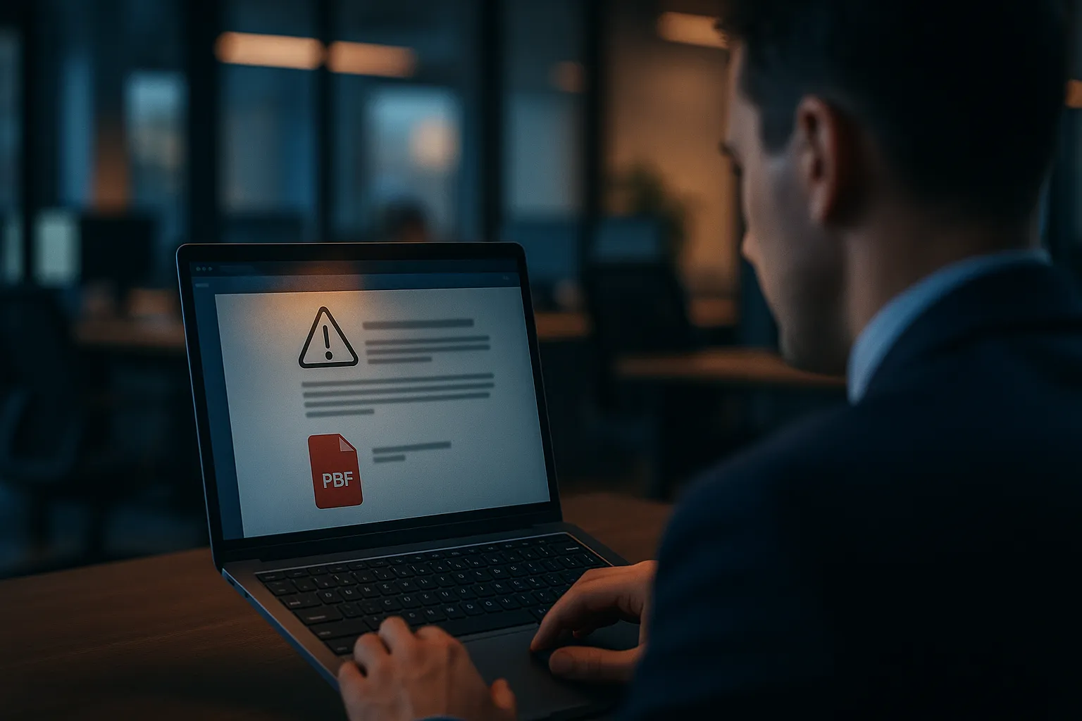 An office worker reviewing a laptop showing what appears to be a corporate HR email with a PDF attachment, illustrating the phishing email lures used in the campaign