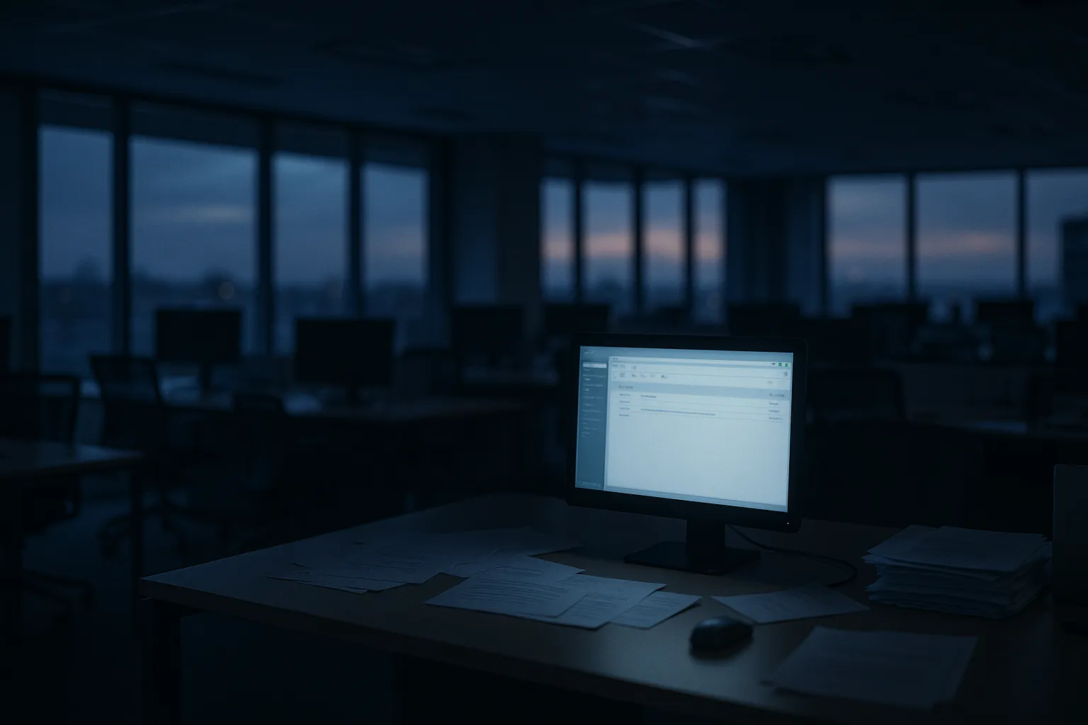 Empty corporate office with a single computer monitor showing an unresponsive email inbox, dark indigo and blue tones