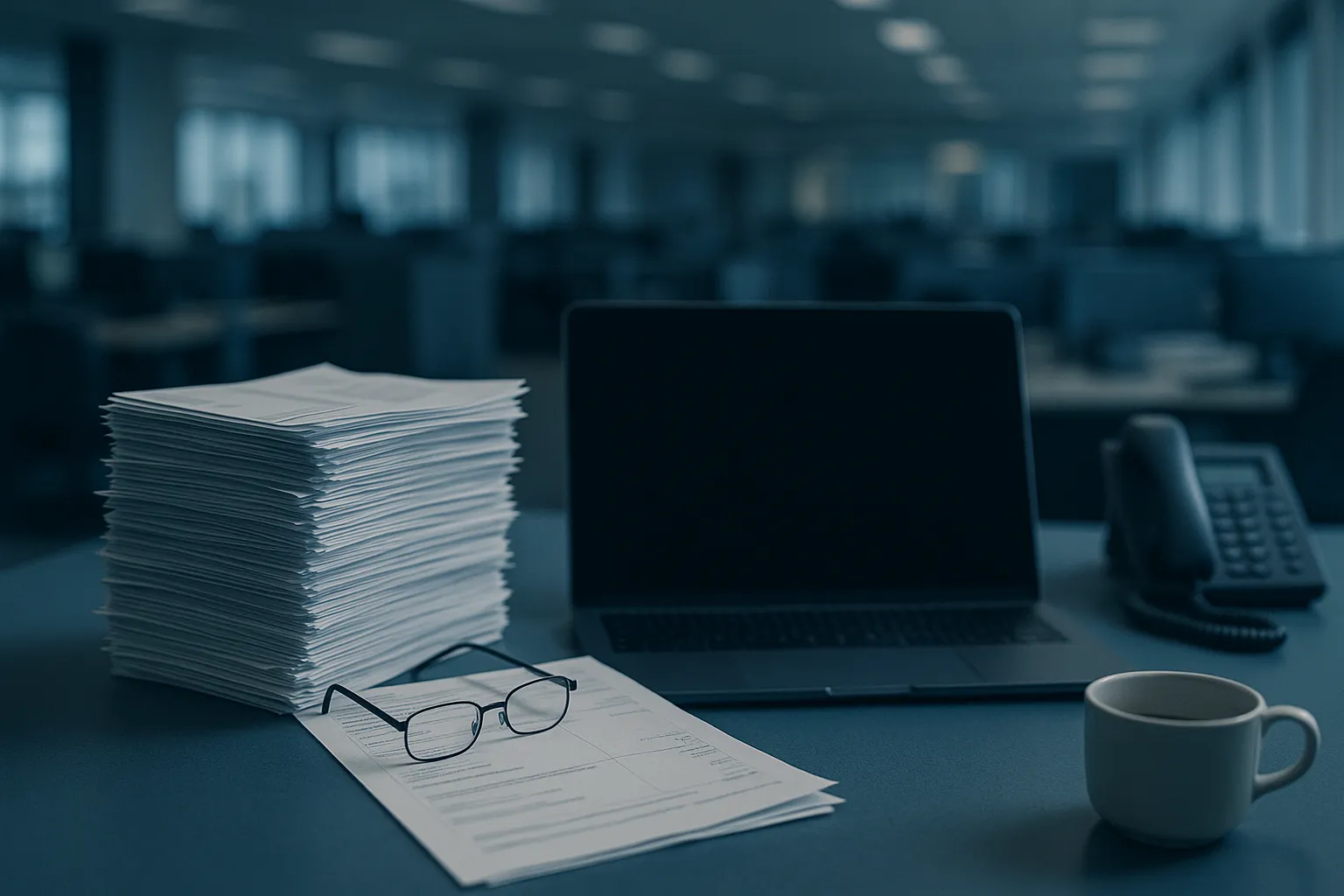 An accounts payable desk with an invoice on a monitor, illustrating the fraudulent ACH payment requests Microsoft detected in August 2026