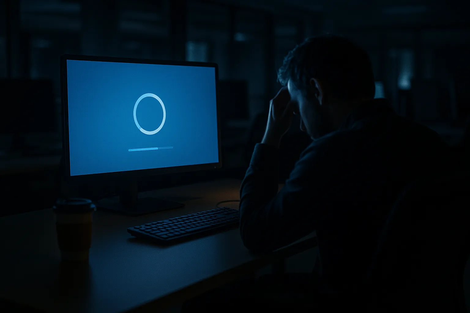 A dimly lit office at night with a Windows workstation installing security updates on screen