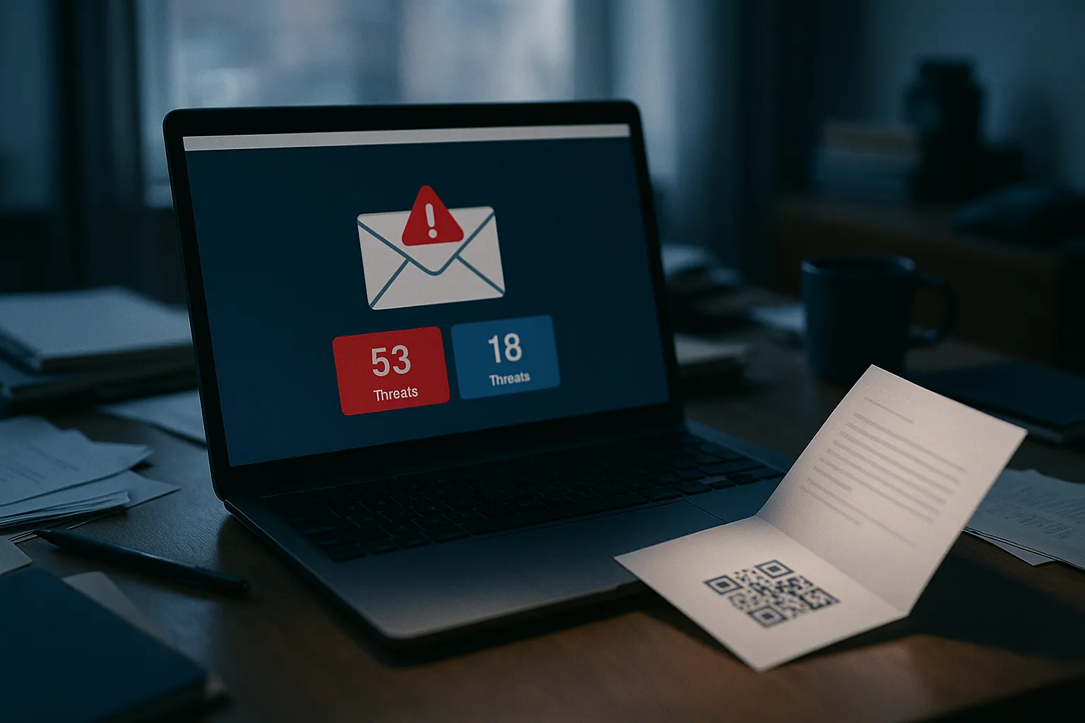 An open laptop on a cluttered desk showing an abstract email security dashboard, with a printed PDF folded next to it revealing a partial QR code, illustrating how attackers hide credential capture links inside attachments