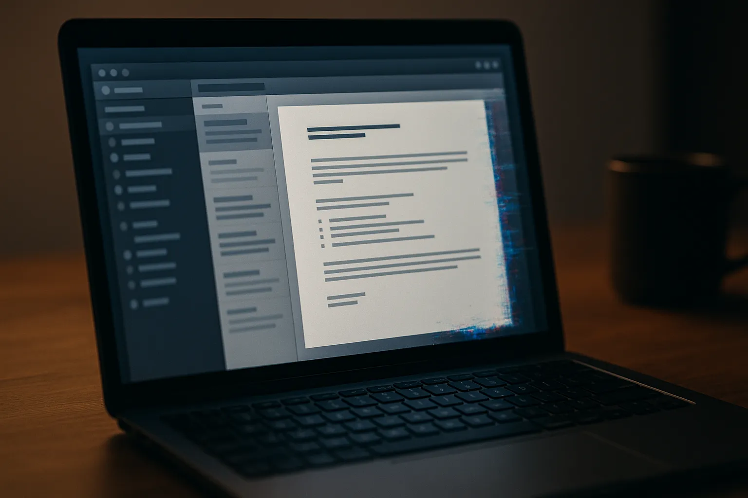 A laptop screen showing a generic document attachment being rendered in an email client's preview pane, with subtle digital artifacts around the edges suggesting a hidden exploit