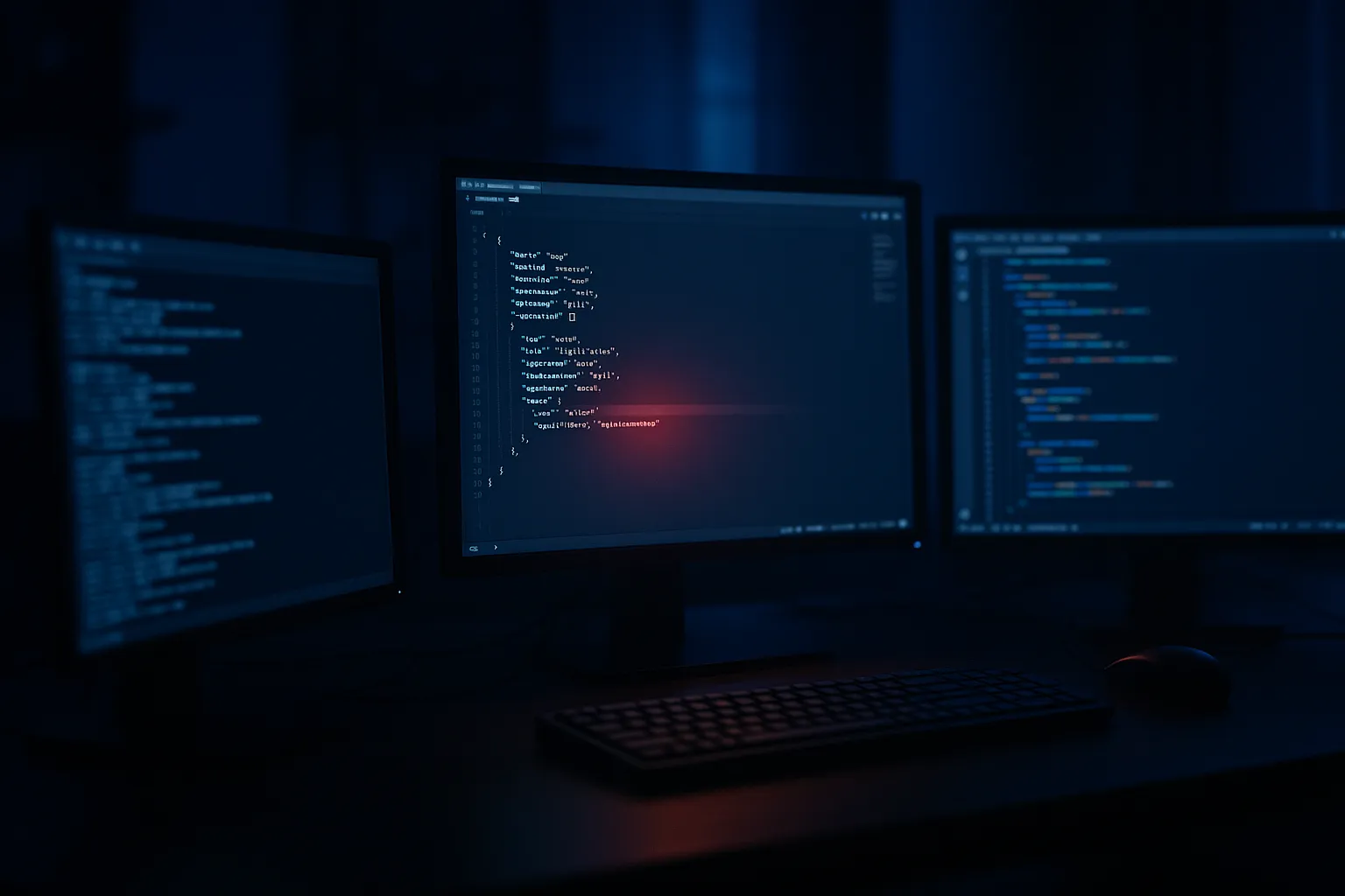 Developer workspace at night with three glowing monitors showing code editors and terminals, a JSON configuration file visible on the center screen with a faint red warning glow on a highlighted line