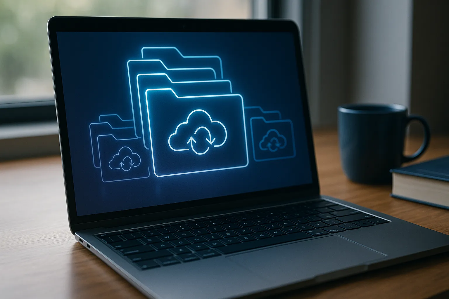 Laptop screen showing abstract cloud sync and file folder icons representing the Windows Cloud Filter driver vulnerability that grants SYSTEM access