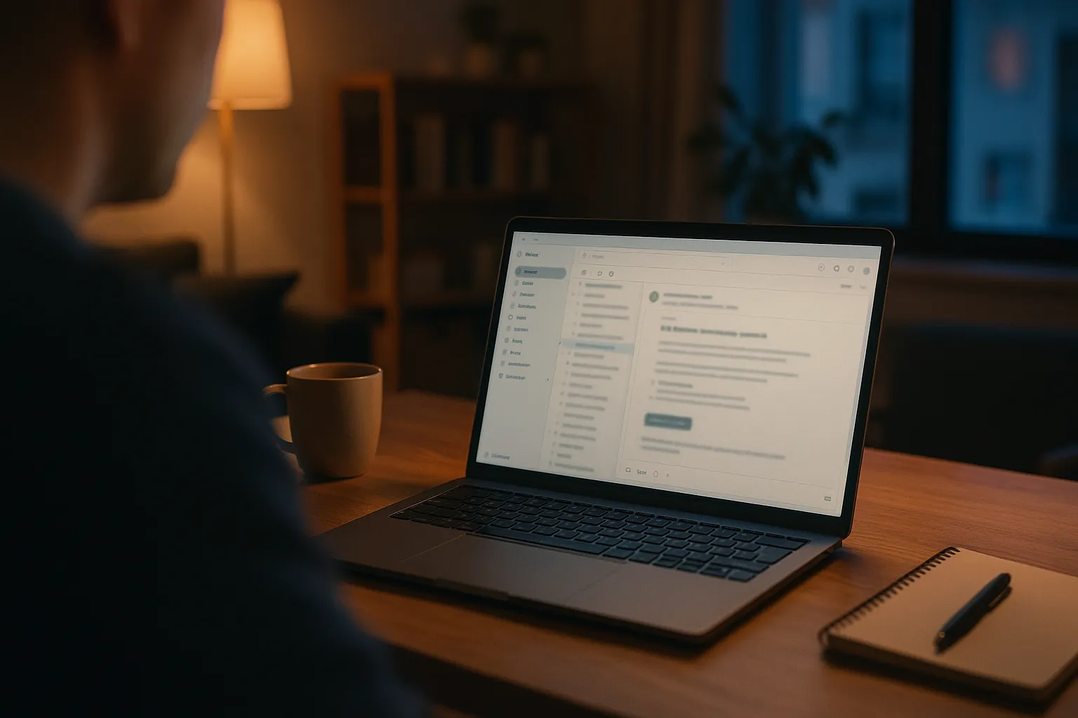 A laptop on a wooden home desk at night showing an email inbox with a recruiter style message, a coffee cup and notebook beside it, seen over the shoulder in warm lamp light