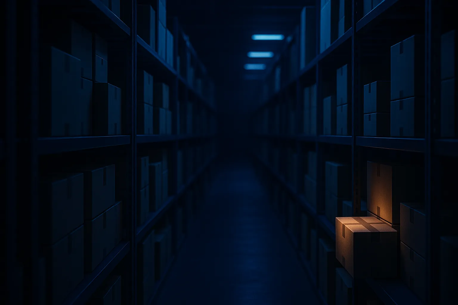 Dimly lit modern e commerce warehouse aisle at night with neatly stacked shipping boxes on metal shelving illuminated by indigo and blue overhead lighting, one box highlighted with soft amber light