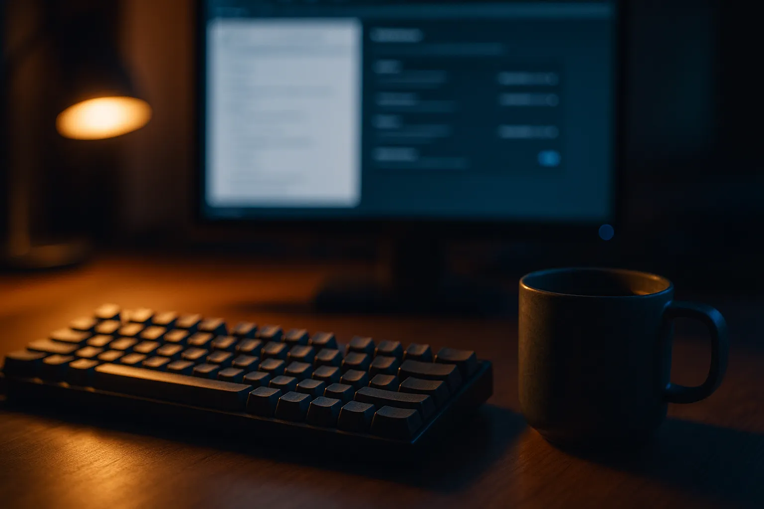 A developer's desk at night with a mechanical keyboard, a mug, and an out-of-focus monitor showing a browser settings panel, warm lamp light against cool screen glow