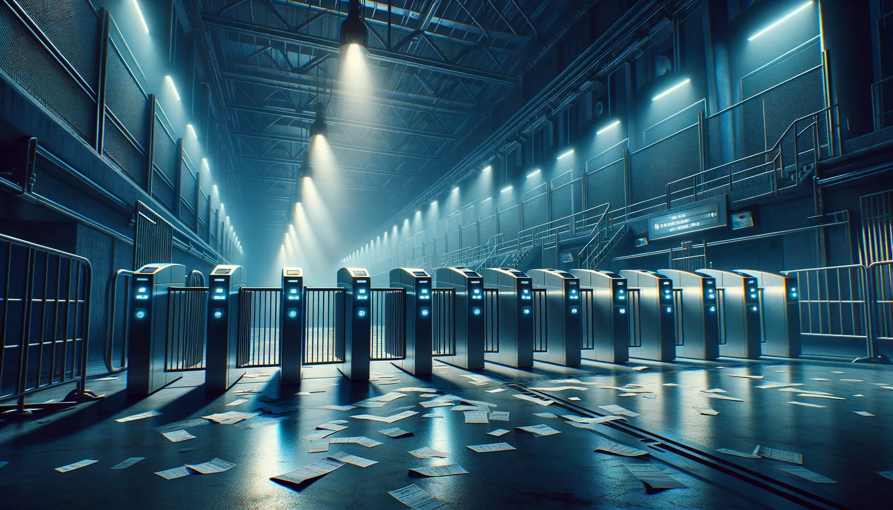 An arena entrance at night with security barriers and dim overhead lighting, photographed in a moody editorial style with cool blue tones