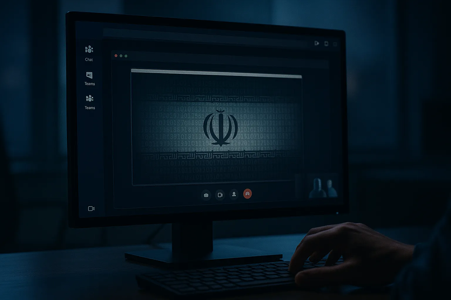 A darkened computer monitor showing a Microsoft Teams chat with screen sharing active and the silhouette of an Iranian flag dissolving into binary code in the background